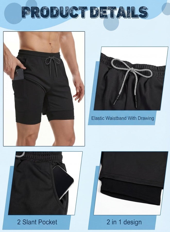 سوريو شورت رياضي رجالي من Sureio مكون من 3 قطع، 2 في 1، مناسب للتمارين الرياضية والجري، بطول 5 بوصات، سريع الجفاف، مزود ببطانة وجيوب جانبية وحلقة للمنشفة (مقاس كبير، أسود، كحلي، رمادي). - Image 4